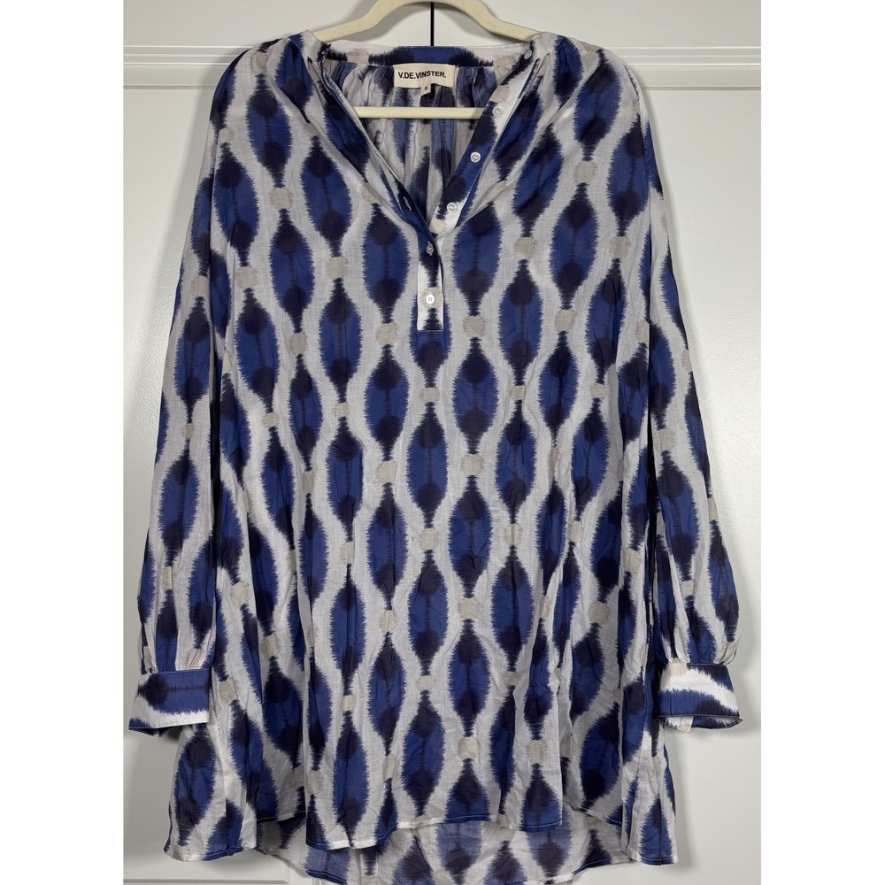 V. De Vinster Womens Ikat Blouse Top Blue Long Sleeve V-Neck Cotton Preppy S